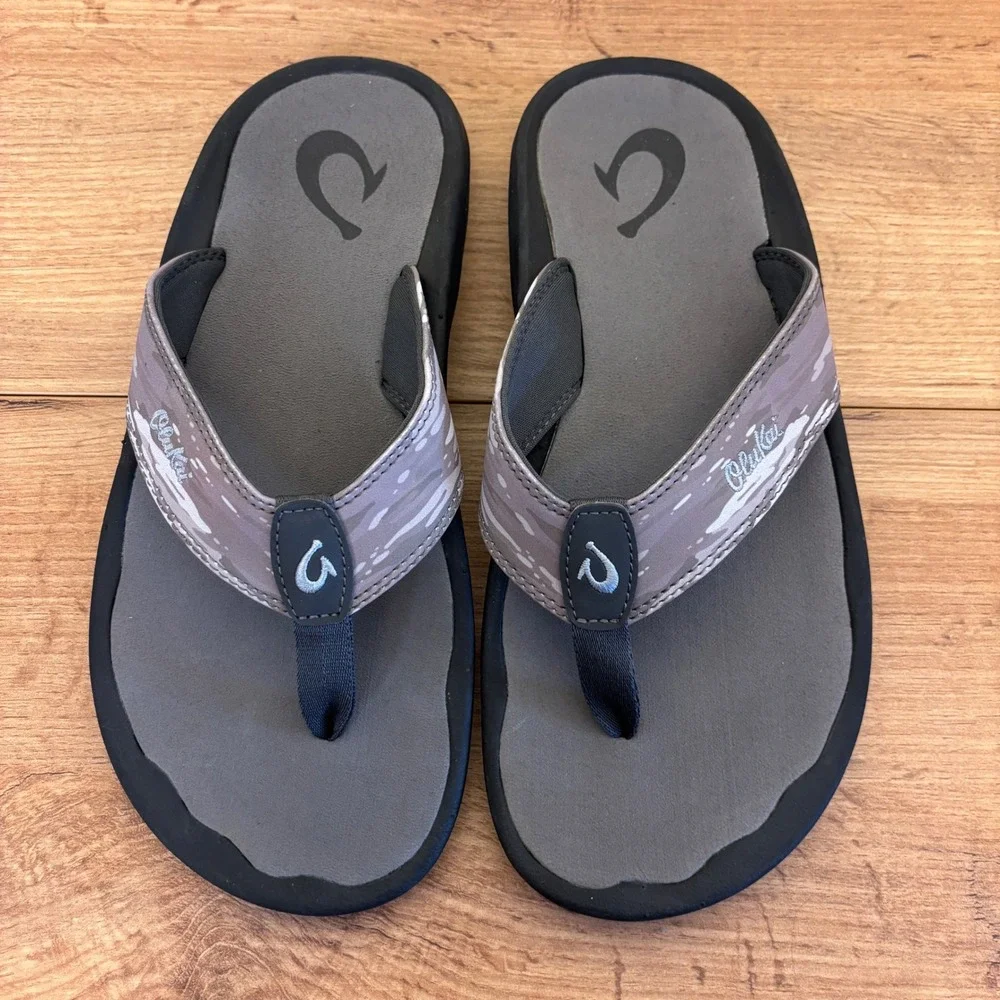 OLUKAI Ohana Pa'i Beach Sandals Pavement/Wai Camo Men Size 8 Summer Comfort Pool